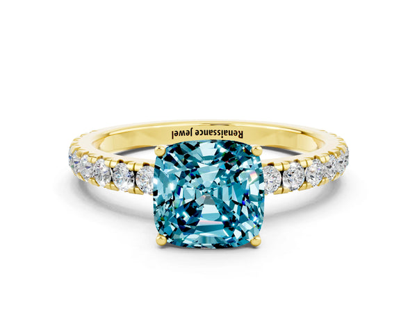 Yellow gold Cushion Cut Blue Topaz Pavé Solitaire Engagement Ring with Four-Prong Setting