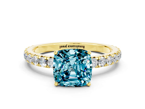 Yellow gold Cushion Cut Blue Topaz Pavé Solitaire Engagement Ring with Four-Prong Setting_12