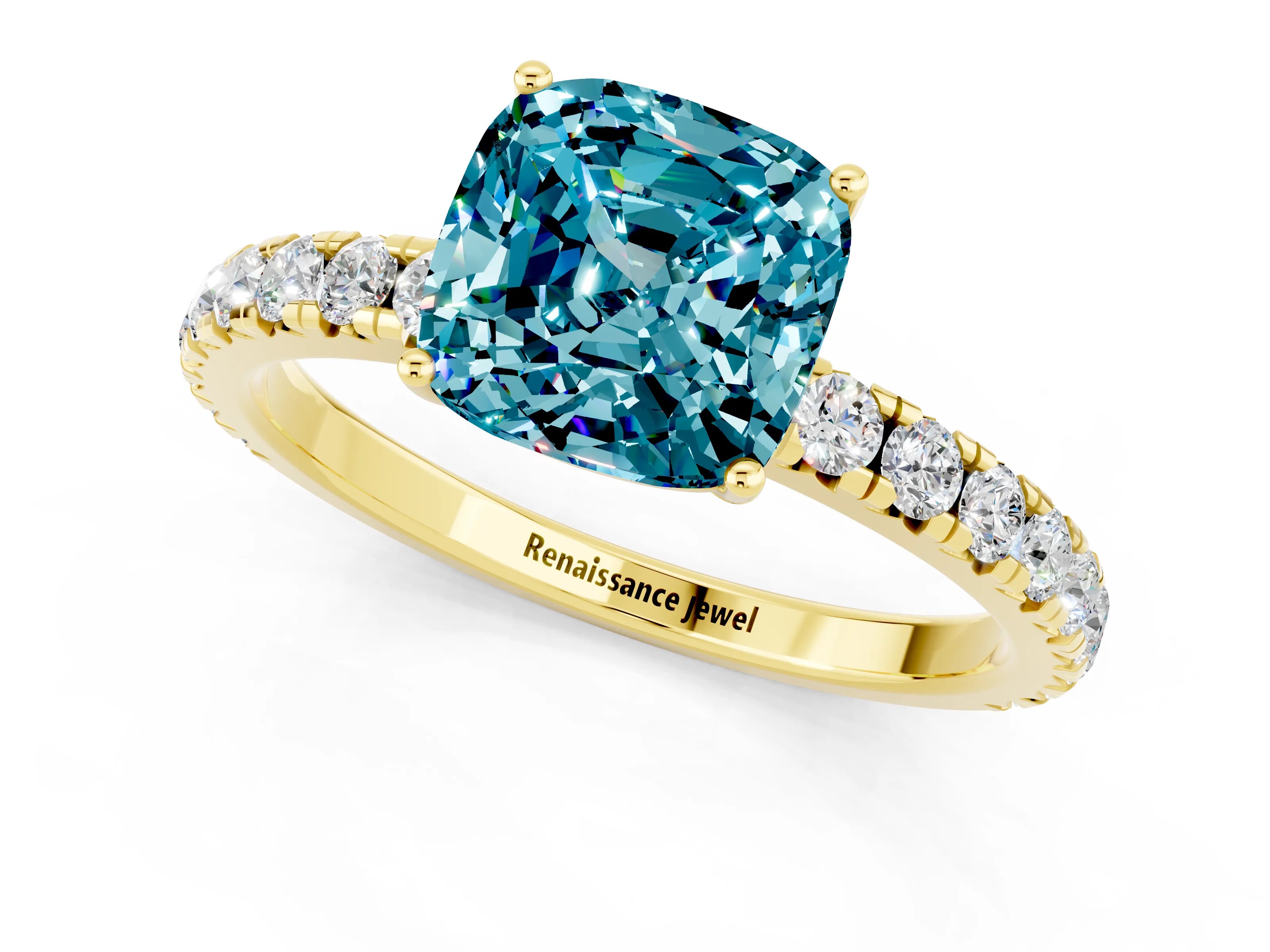 Yellow gold Cushion Cut Blue Topaz Pavé Solitaire Engagement Ring with Four-Prong Setting_13