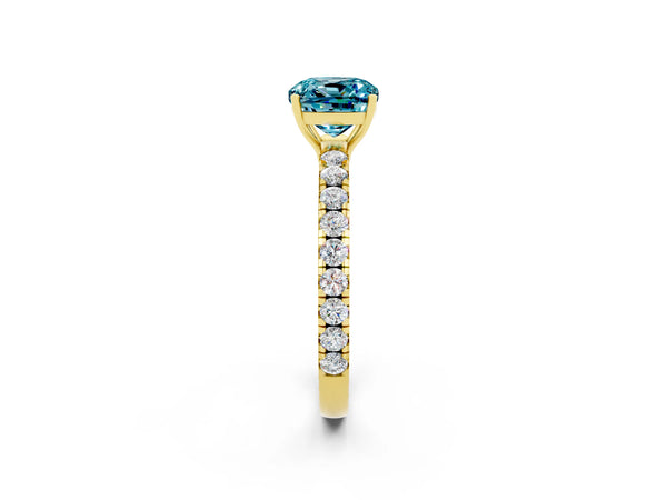 Yellow gold Cushion Cut Blue Topaz Pavé Solitaire Engagement Ring with Four-Prong Setting