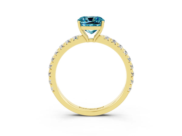 Yellow gold Cushion Cut Blue Topaz Pavé Solitaire Engagement Ring with Four-Prong Setting