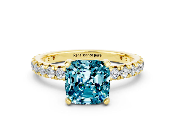 Yellow gold Cushion Cut Blue Topaz Pavé Solitaire Ring with Round Band and Prong Setting