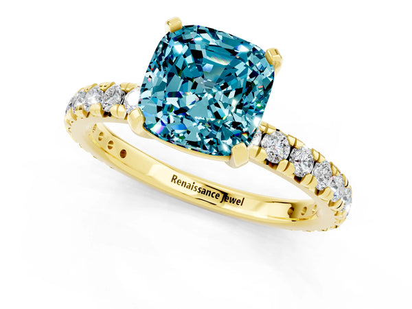 Yellow gold Cushion Cut Blue Topaz Pavé Solitaire Ring with Round Band and Prong Setting