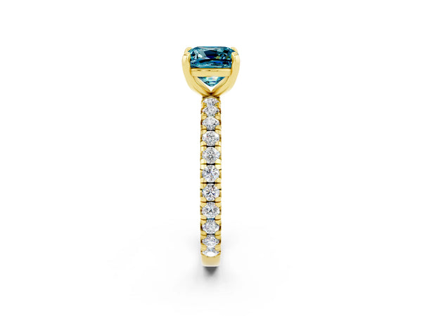 Yellow gold Cushion Cut Blue Topaz Pavé Solitaire Ring with Round Band and Prong Setting