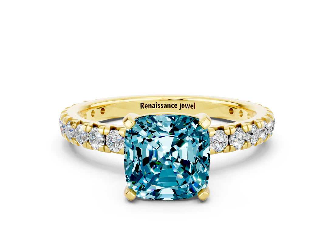 Yellow gold Cushion Cut Blue Topaz Pavé Solitaire Ring with Round Band and Prong Setting_24