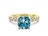 Yellow gold Cushion Cut Blue Topaz Pavé Solitaire Ring with Round Band and Prong Setting_24