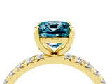 Yellow gold Cushion Cut Blue Topaz Pavé Solitaire Ring with Round Band and Prong Setting_28