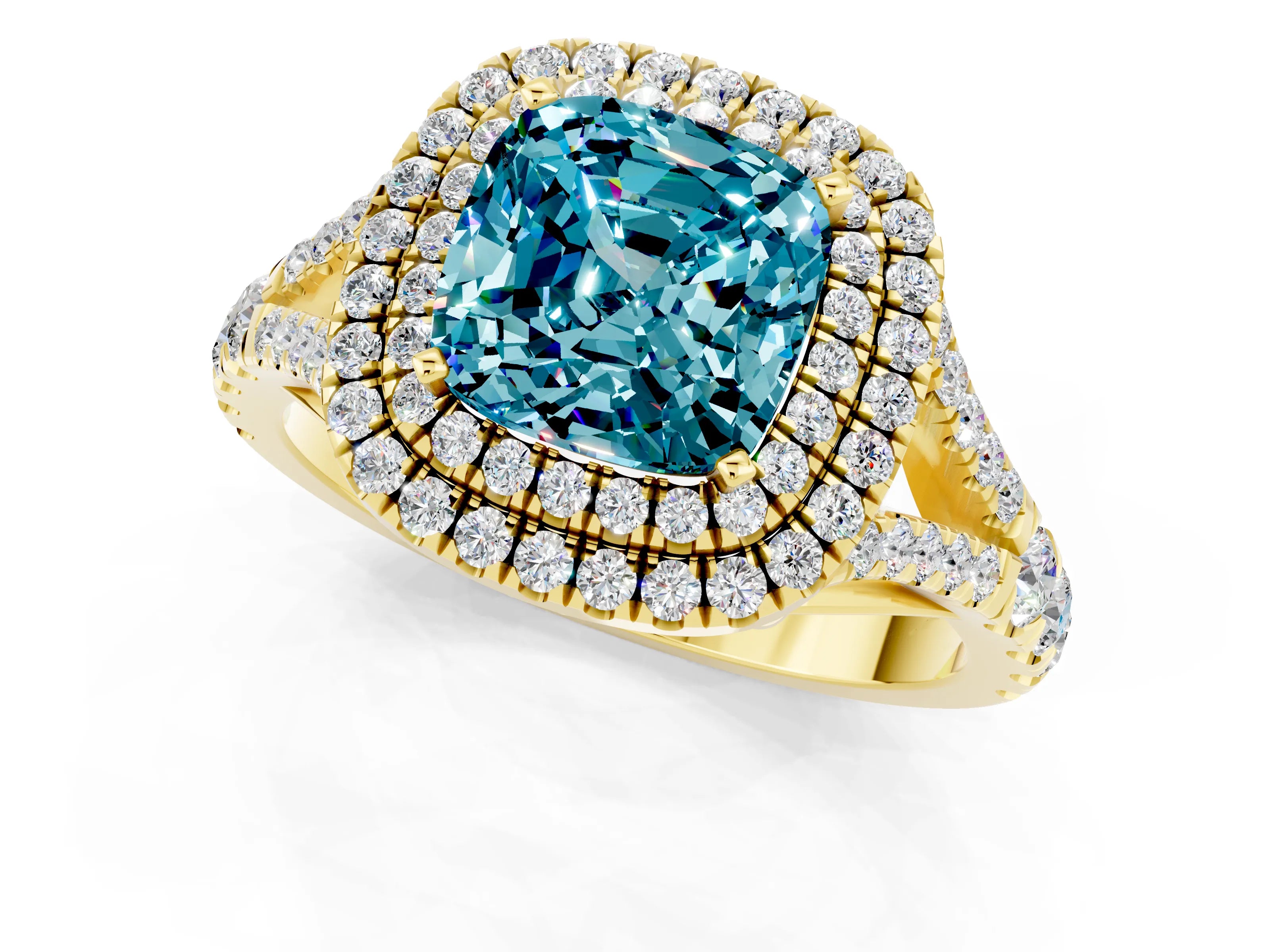 Yellow gold Cushion Cut Blue Topaz Pavé Split Shank Double Halo Engagement Ring_1