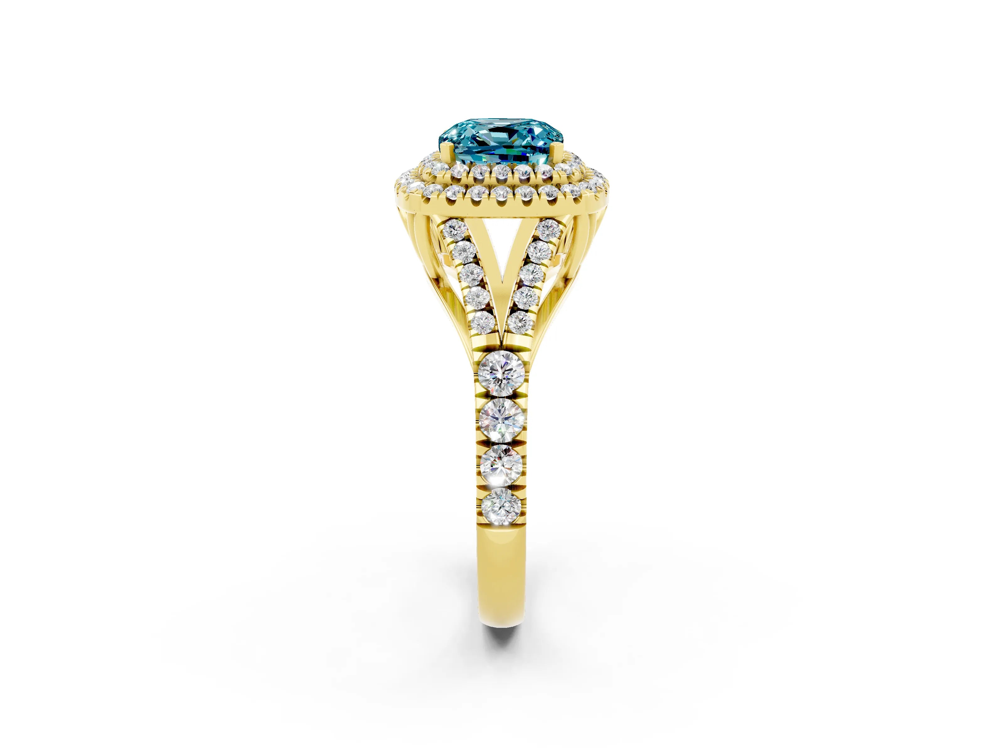 Yellow gold Cushion Cut Blue Topaz Pavé Split Shank Double Halo Engagement Ring_2
