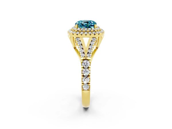 Yellow gold Cushion Cut Blue Topaz Pavé Split Shank Double Halo Engagement Ring
