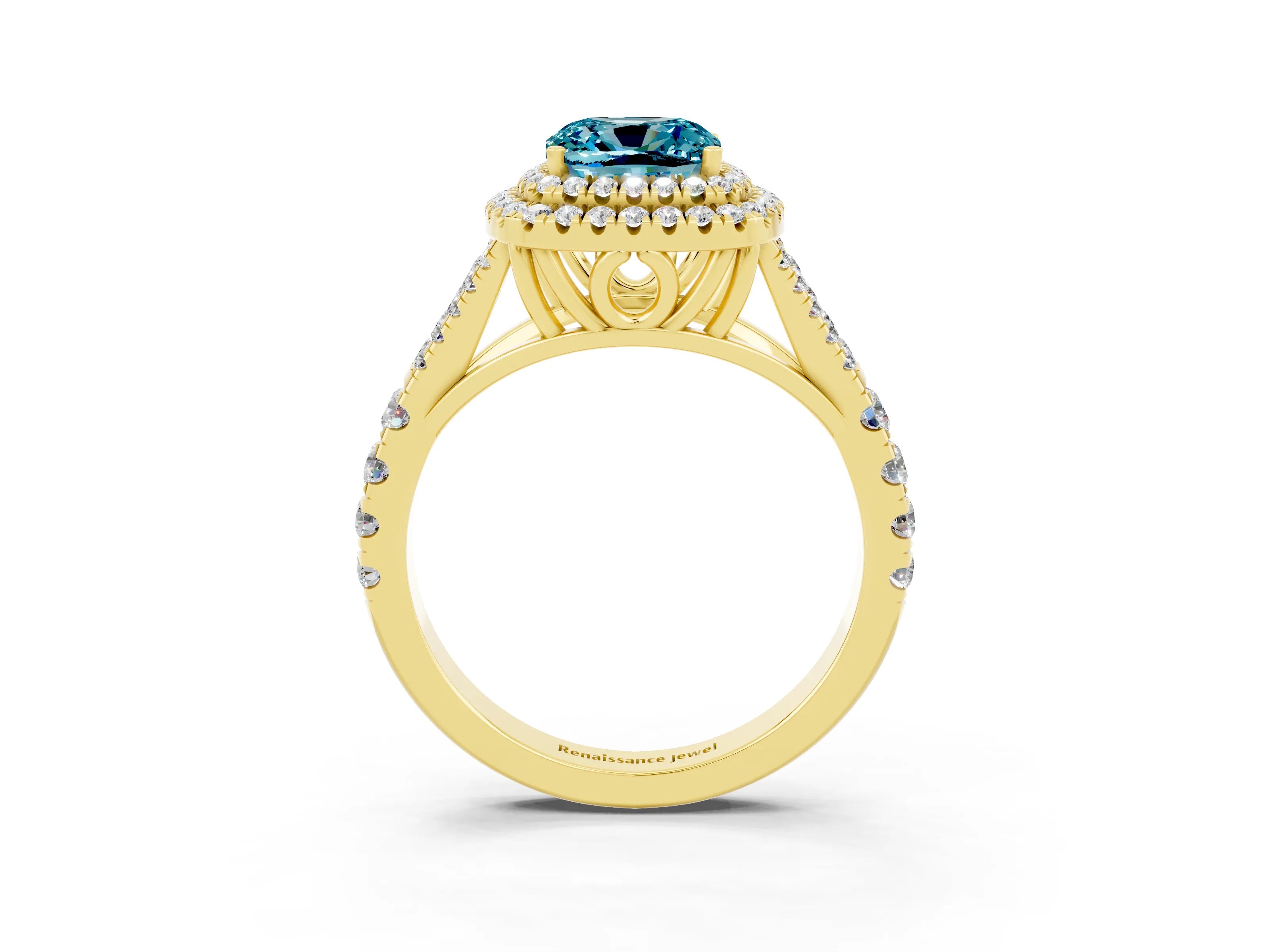 Yellow gold Cushion Cut Blue Topaz Pavé Split Shank Double Halo Engagement Ring_3