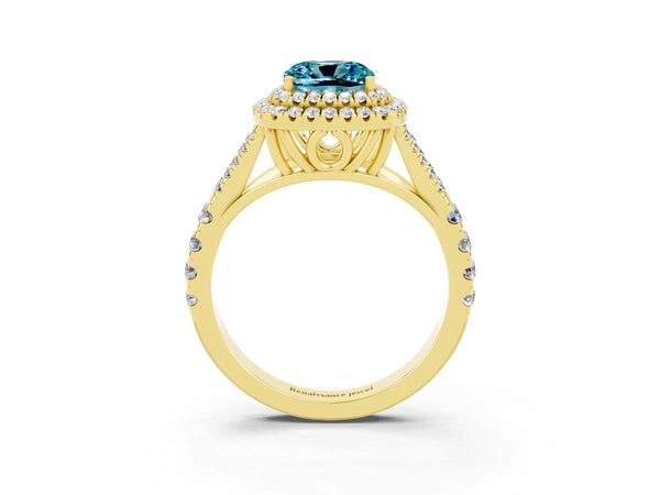 Yellow gold Cushion Cut Blue Topaz Pavé Split Shank Double Halo Engagement Ring