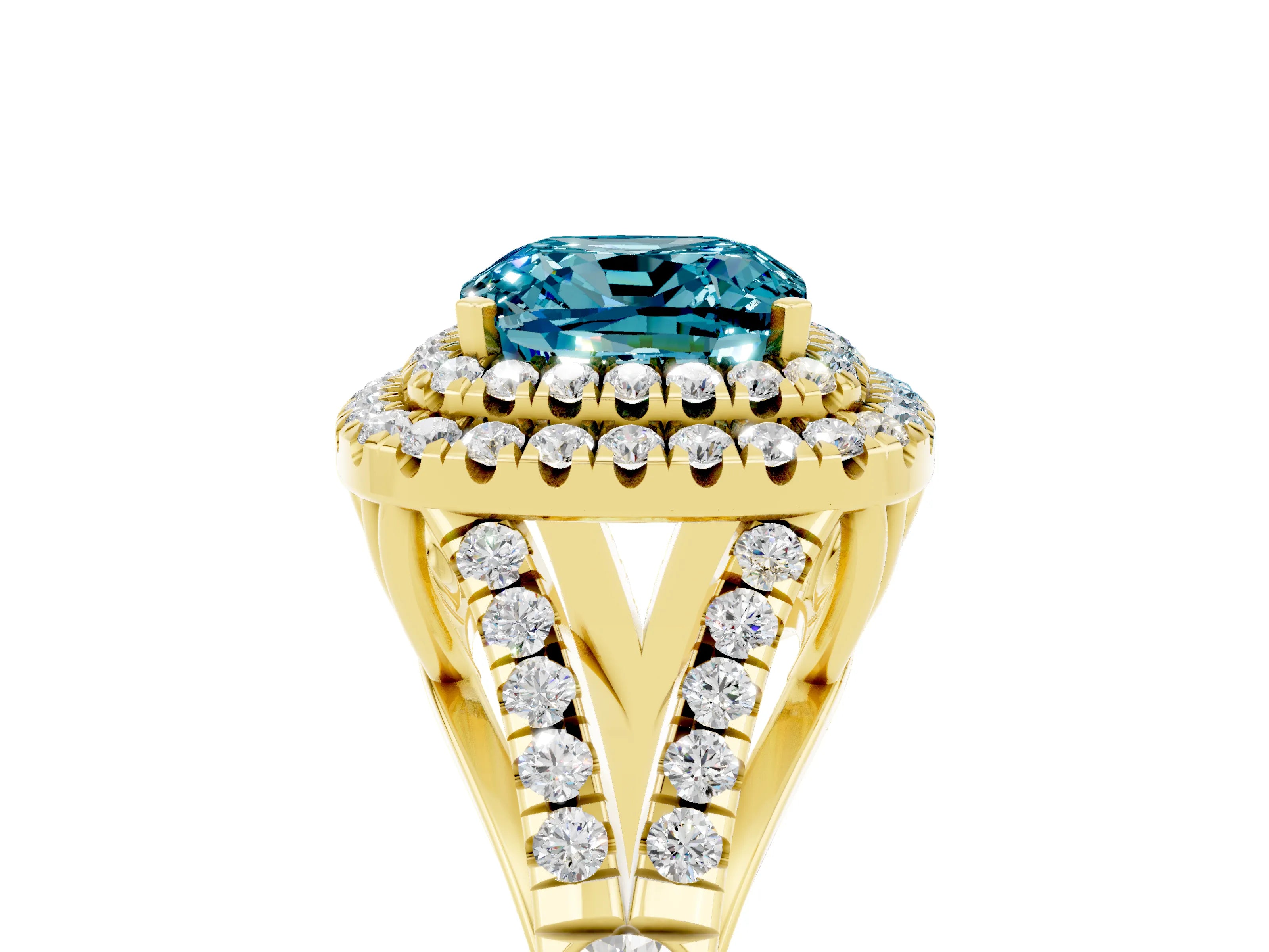 Yellow gold Cushion Cut Blue Topaz Pavé Split Shank Double Halo Engagement Ring_5