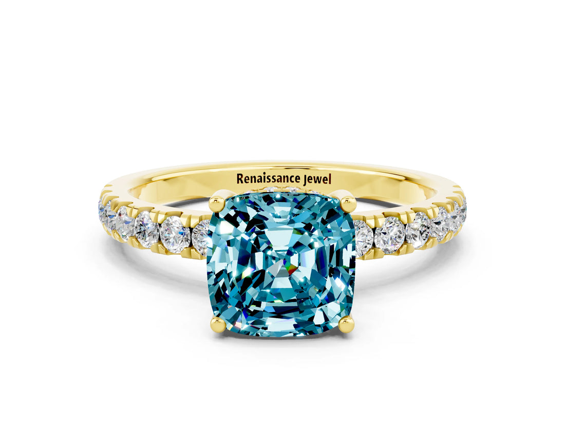 Yellow gold Cushion Cut Blue Topaz Pave Band Solitaire Ring with Four-Prong Setting_36