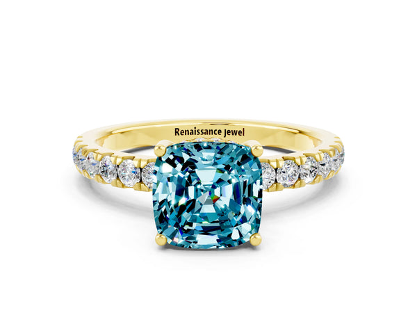 Yellow gold Cushion Cut Blue Topaz Pave Band Solitaire Ring with Round  and Prong Setting