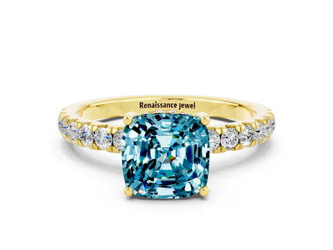 Yellow gold Cushion Cut Blue Topaz Pave Band Solitaire Ring with Four-Prong Setting_36