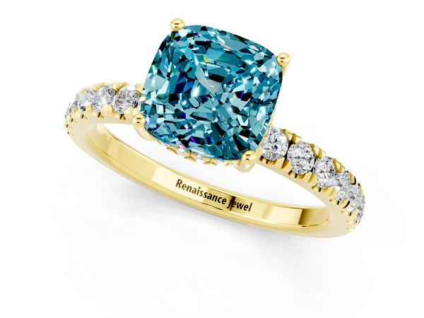 Yellow gold Cushion Cut Blue Topaz Pave Band Solitaire Ring with Round  and Prong Setting