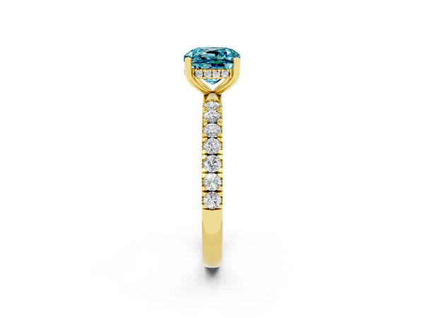 Yellow gold Cushion Cut Blue Topaz Pave Band Solitaire Ring with Round  and Prong Setting