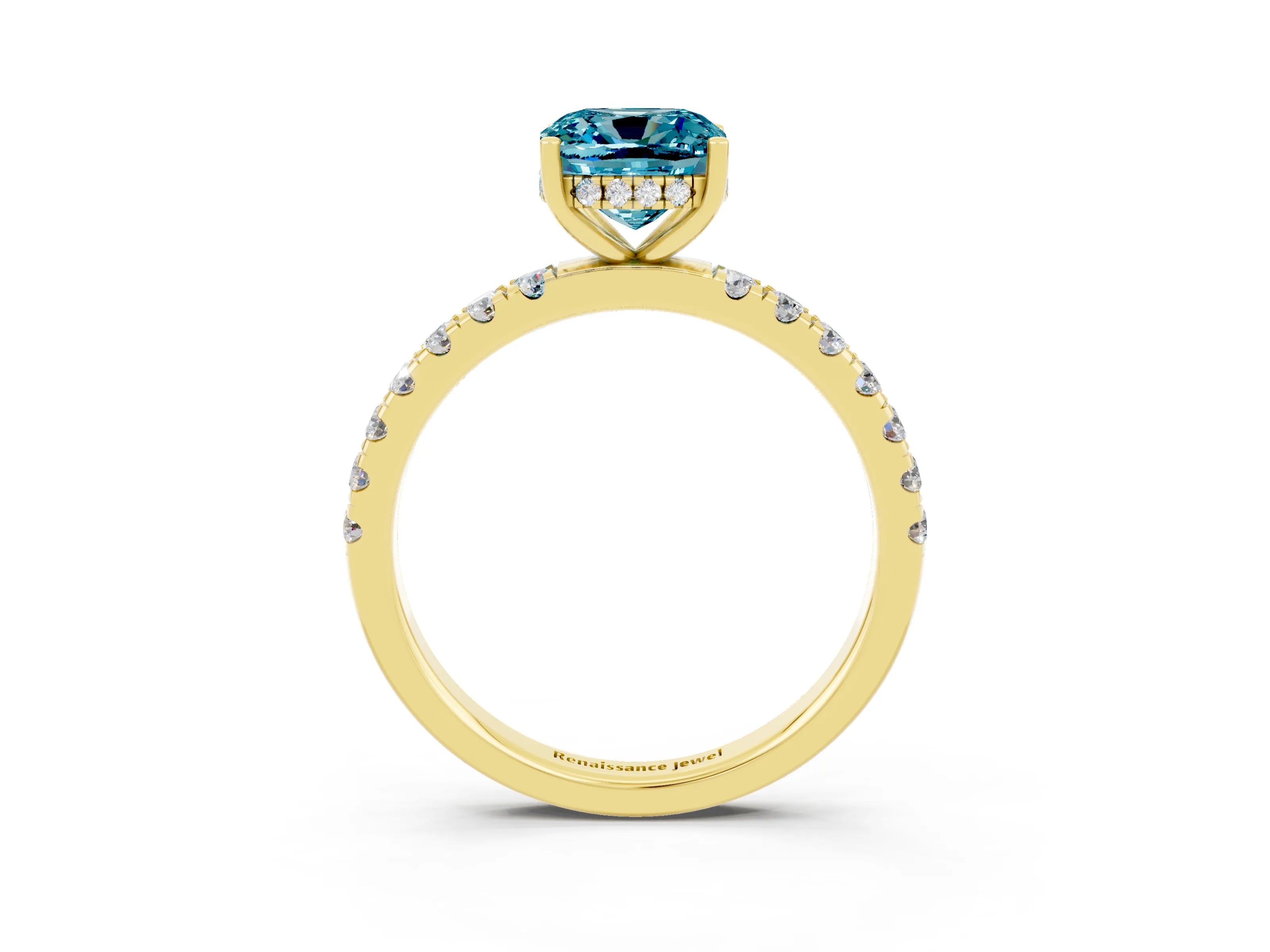 Yellow gold Cushion Cut Blue Topaz Pave Band Solitaire Ring with Four-Prong Setting_39