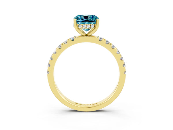 Yellow gold Cushion Cut Blue Topaz Pave Band Solitaire Ring with Round  and Prong Setting