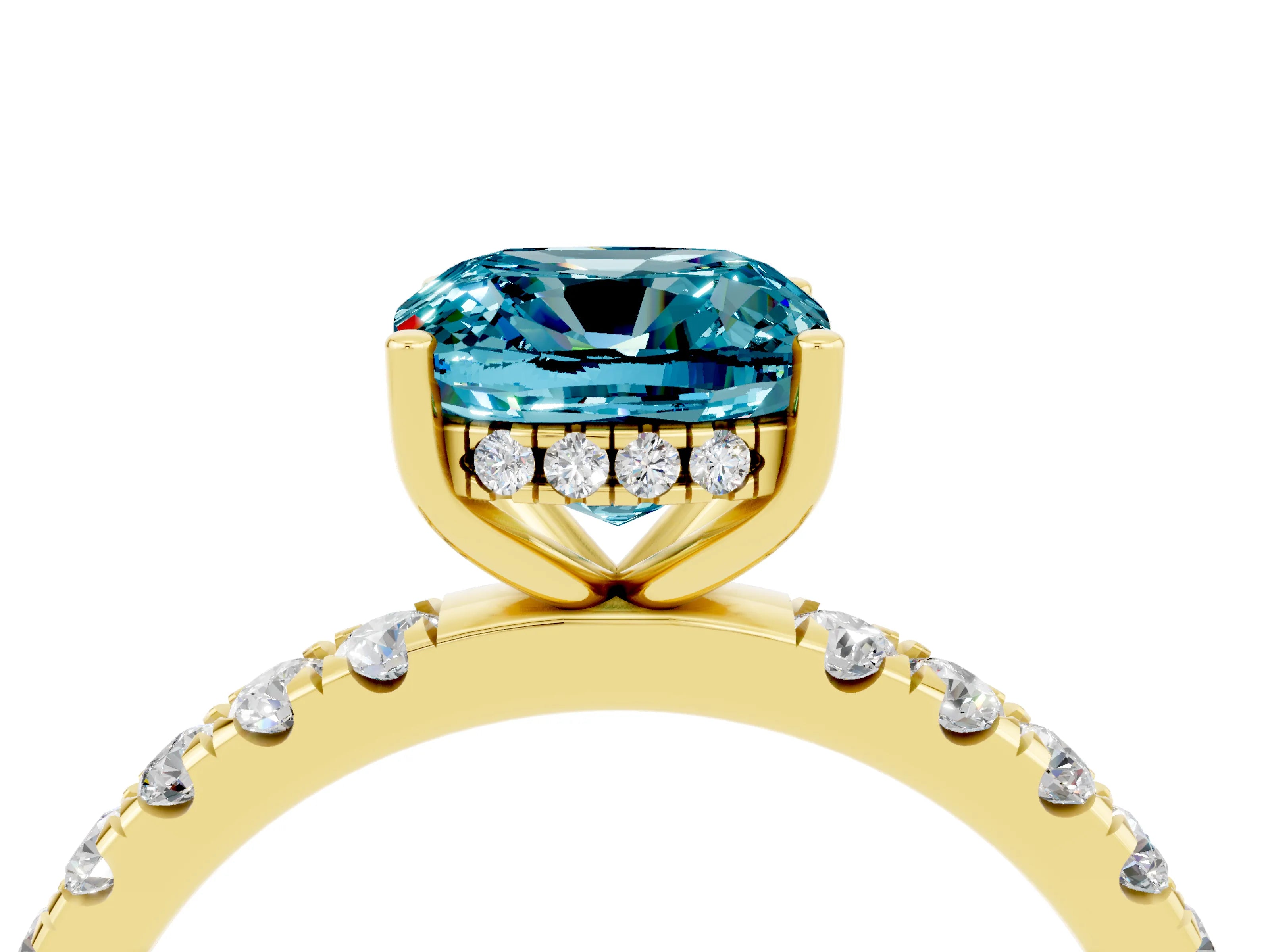 Yellow gold Cushion Cut Blue Topaz Pave Band Solitaire Ring with Four-Prong Setting_40