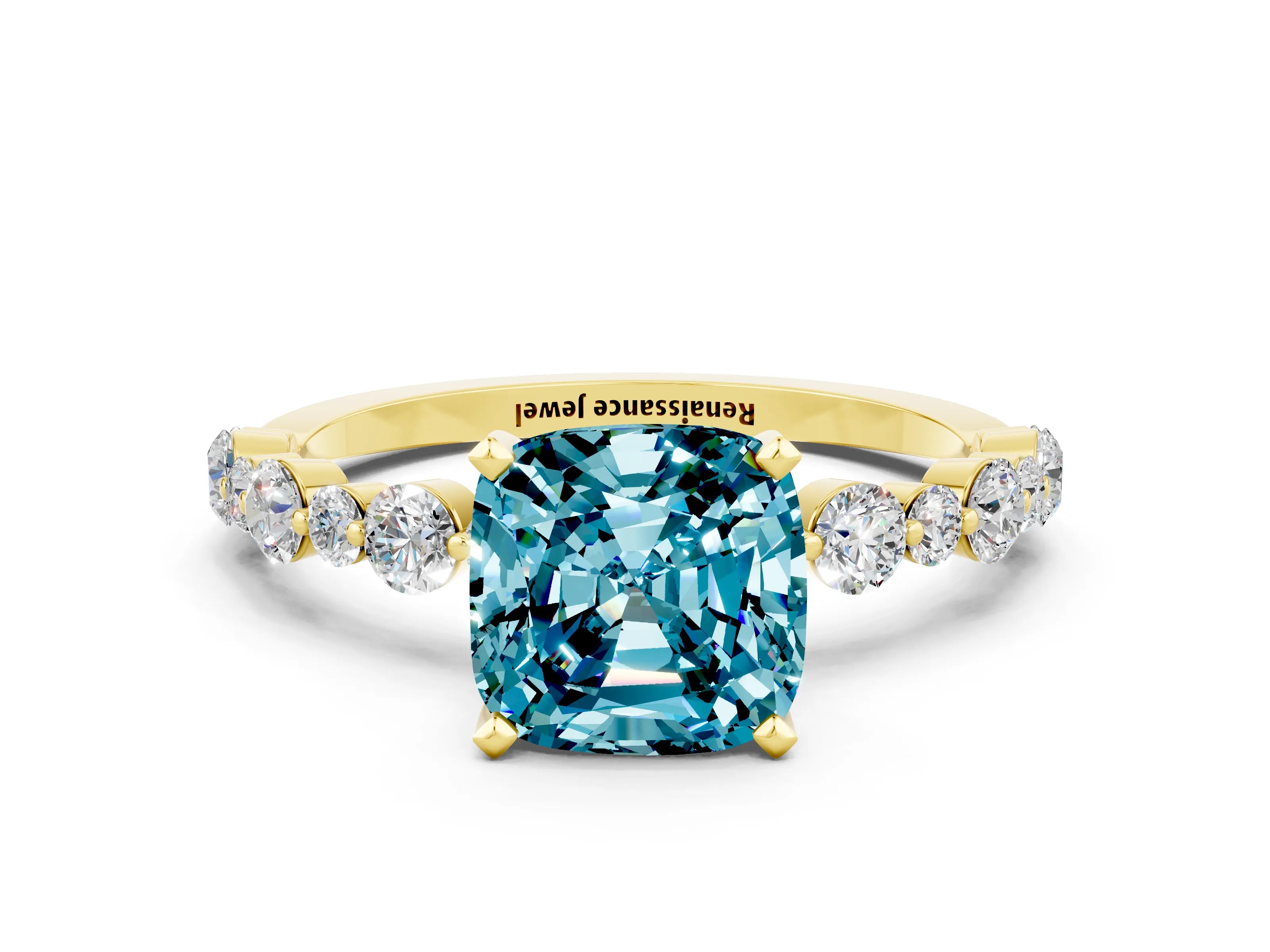 Yellow gold Cushion Cut Blue Topaz Prong Set Engagement Ring with Pavé Band