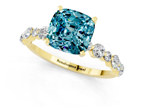 Yellow gold Cushion Cut Blue Topaz Prong Set Engagement Ring with Pavé Band_1
