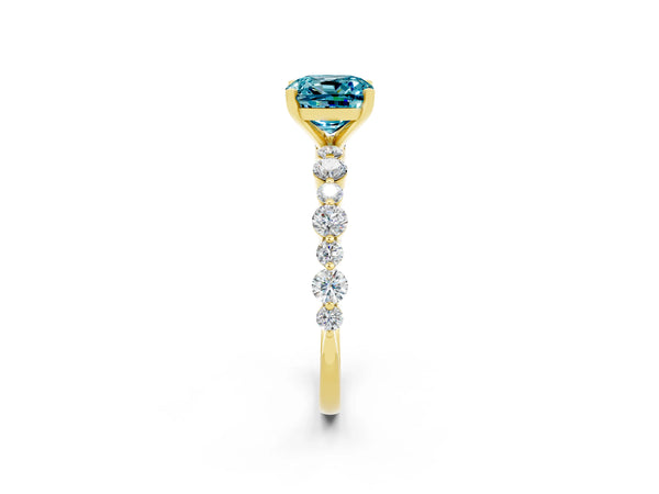 Yellow gold Cushion Cut Blue Topaz Prong Set Engagement Ring with Pavé Band
