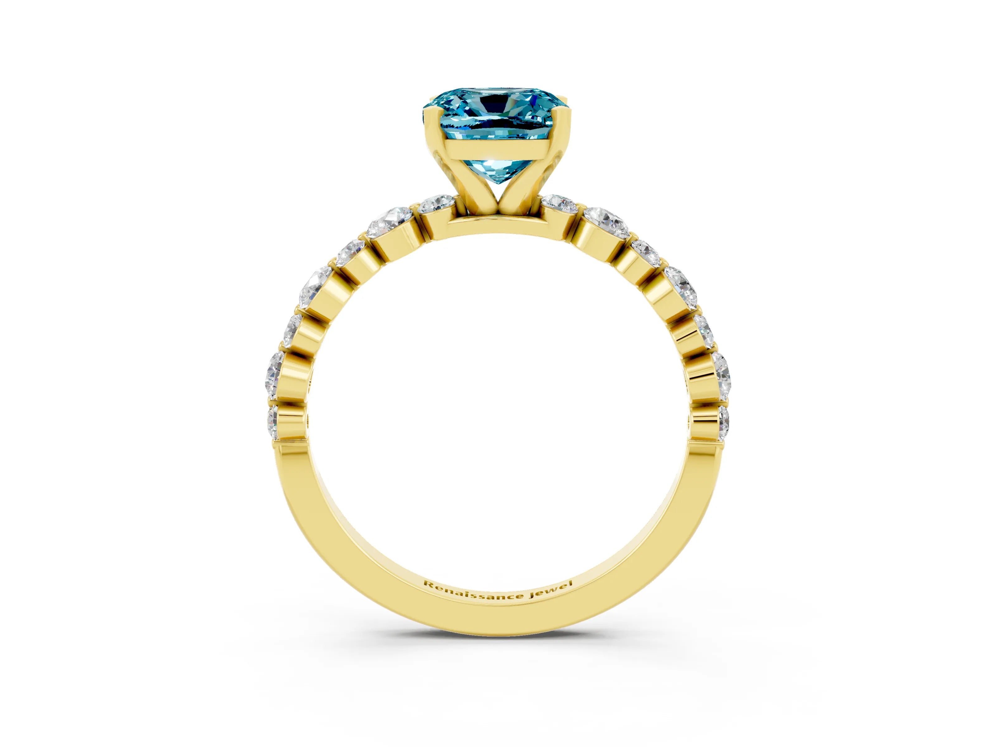 Yellow gold Cushion Cut Blue Topaz Prong Set Engagement Ring with Pavé Band_3