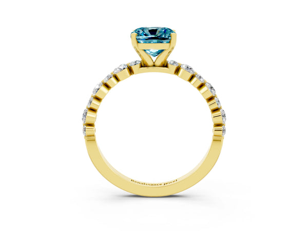 Yellow gold Cushion Cut Blue Topaz Prong Set Engagement Ring with Pavé Band