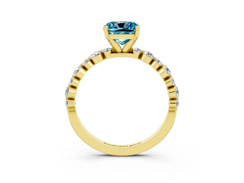 Yellow gold Cushion Cut Blue Topaz Prong Set Engagement Ring with Pavé Band_3