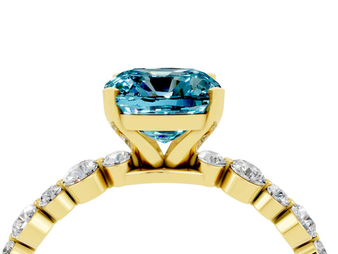 Yellow gold Cushion Cut Blue Topaz Prong Set Engagement Ring with Pavé Band_4