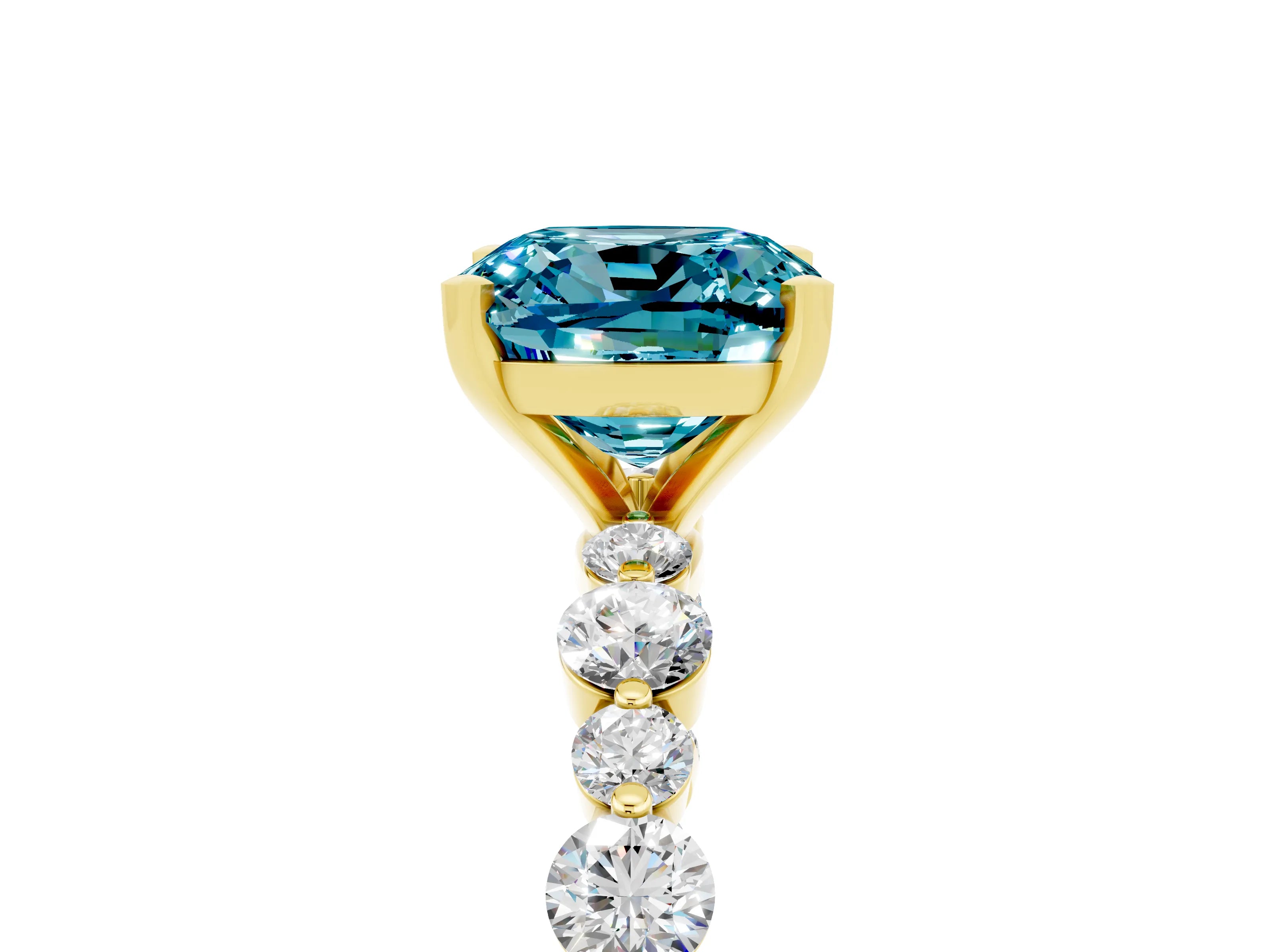 Yellow gold Cushion Cut Blue Topaz Prong Set Engagement Ring with Pavé Band_5
