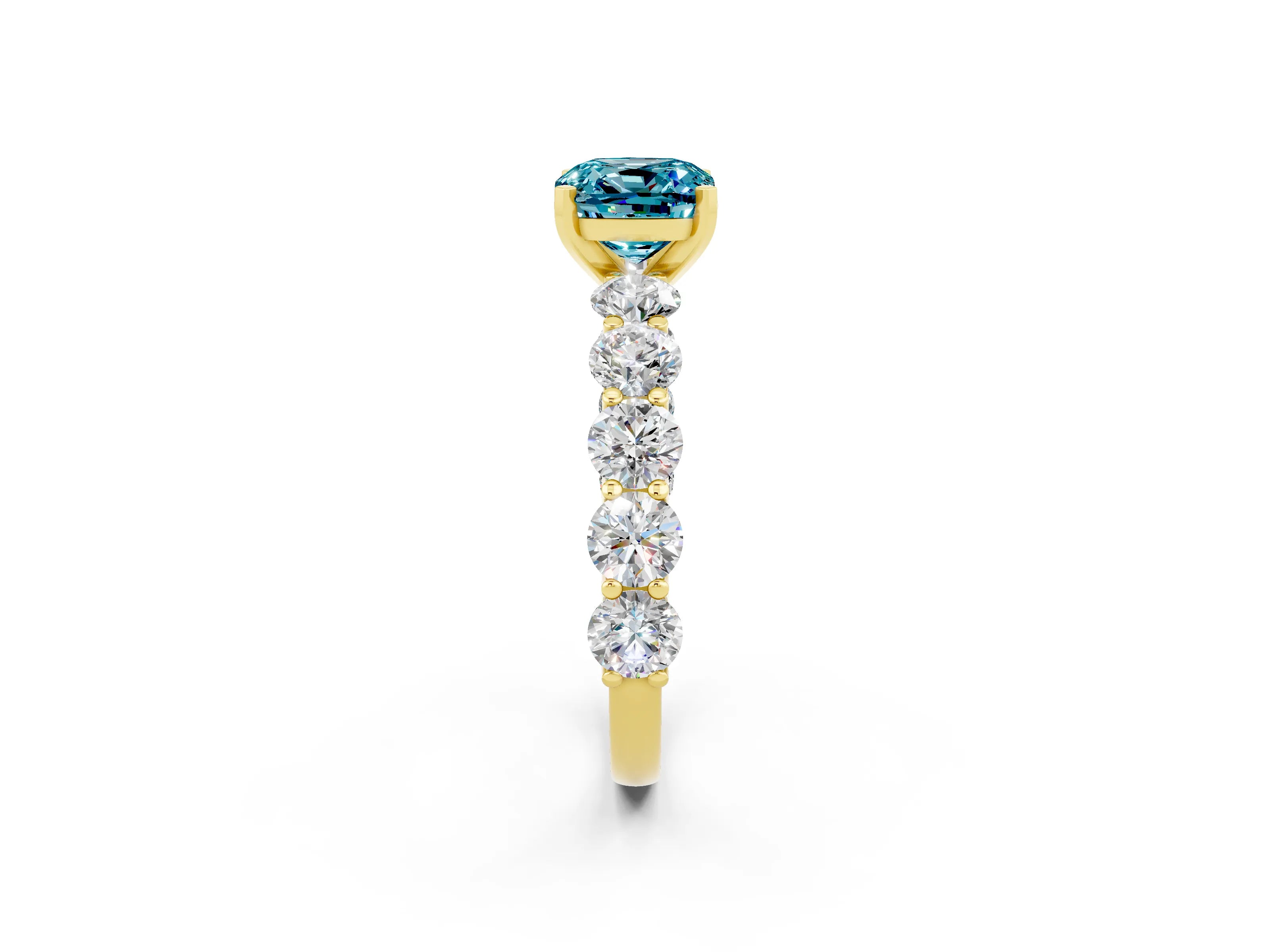 Yellow gold Cushion Cut Blue Topaz Prong Setting with Side Stones on a Pave Band_2