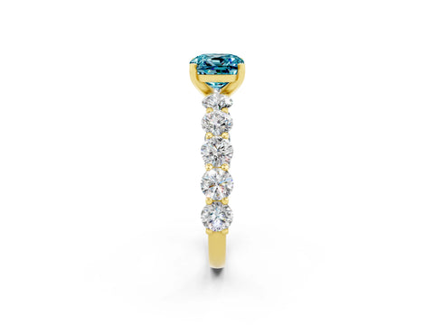 Yellow gold Cushion Cut Blue Topaz Prong Setting with Side Stones on a Pave Band_2