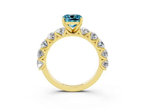Yellow gold Cushion Cut Blue Topaz Prong Setting with Side Stones on a Pave Band_3