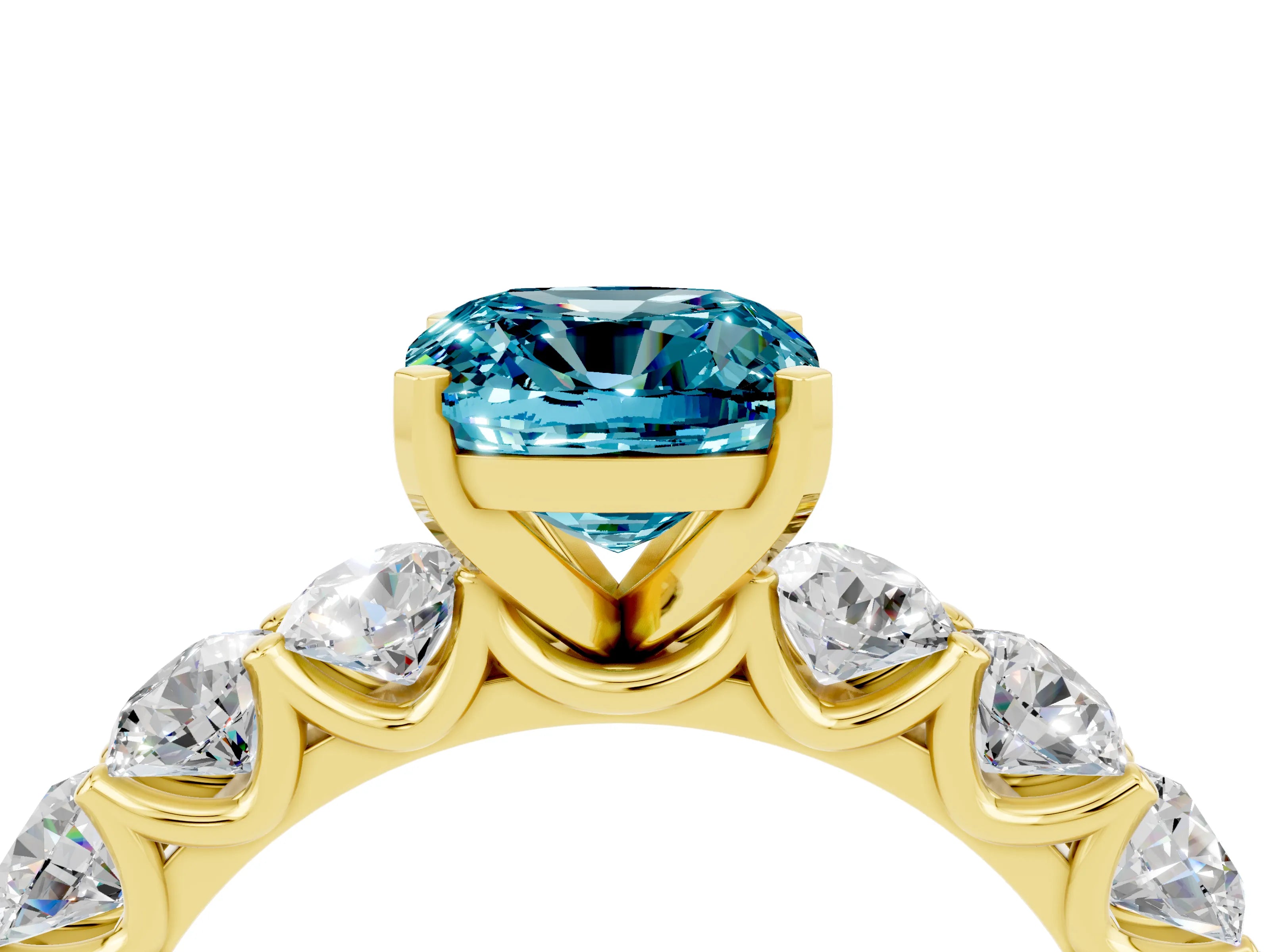 Yellow gold Cushion Cut Blue Topaz Prong Setting with Side Stones on a Pave Band_4