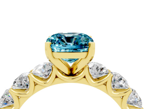 Yellow gold Cushion Cut Blue Topaz Prong Setting with Side Stones on a Pave Band_4