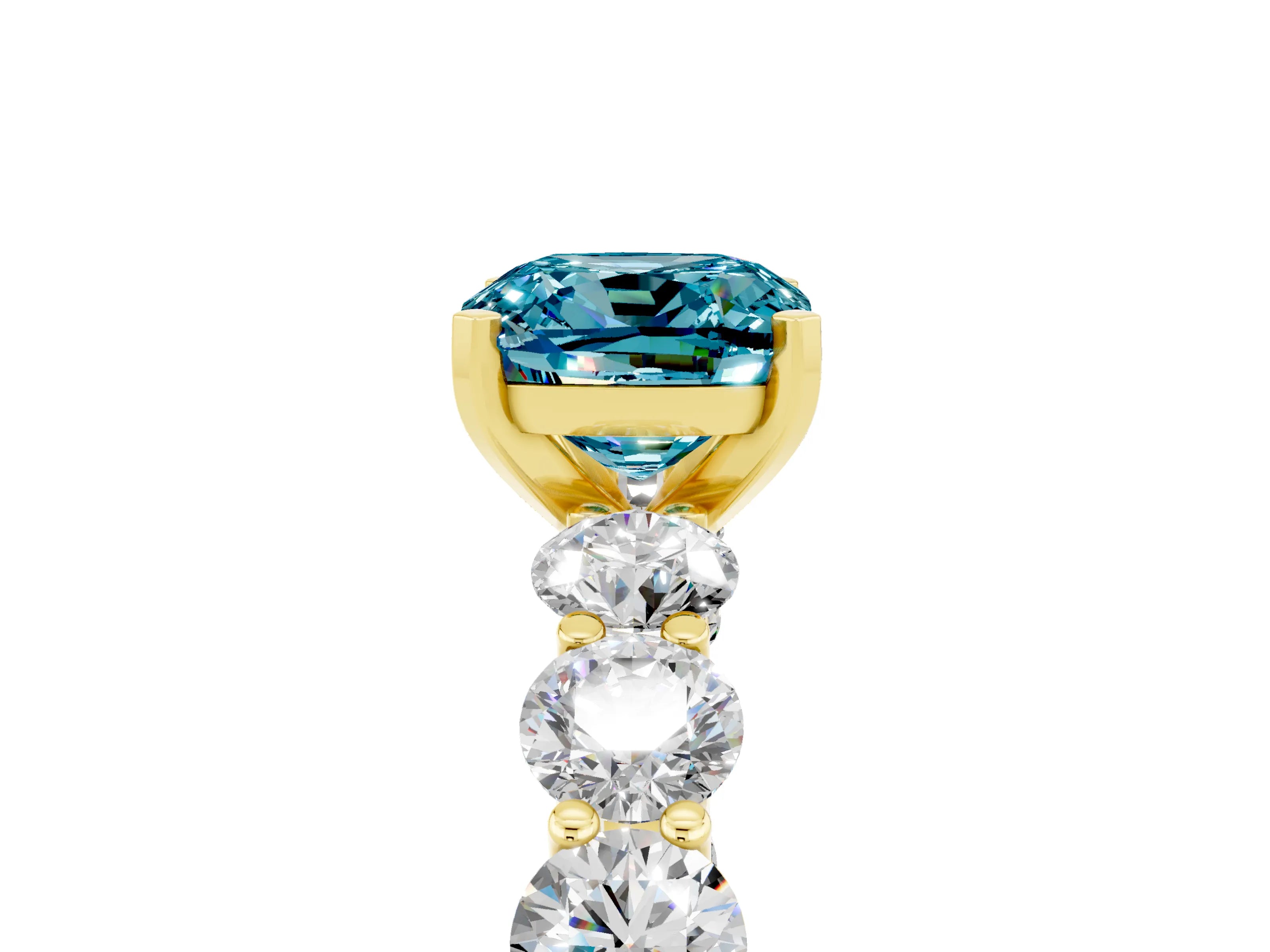 Yellow gold Cushion Cut Blue Topaz Prong Setting with Side Stones on a Pave Band_5