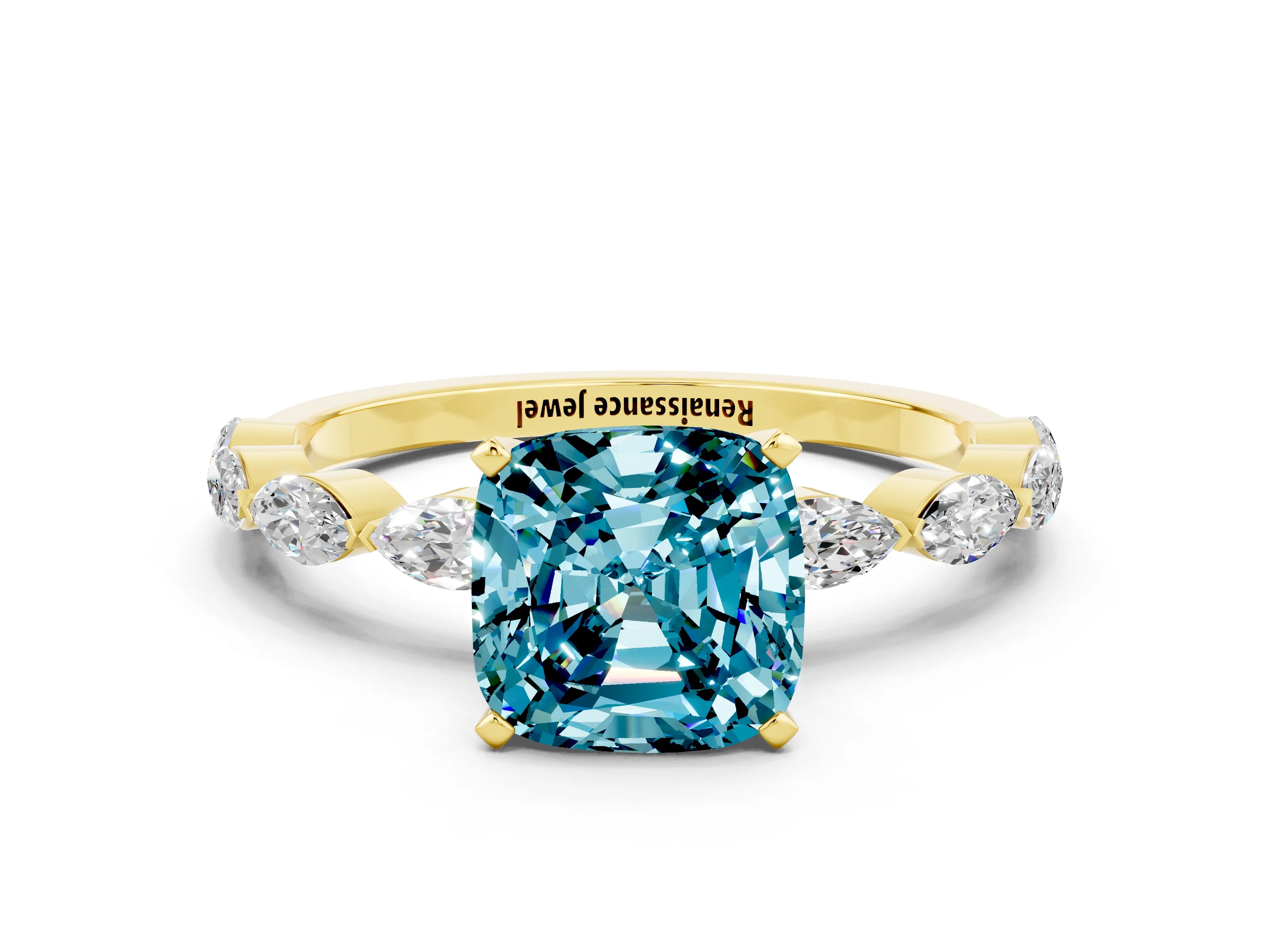 Yellow gold Cushion Cut Blue Topaz Ring with Marquise Side Stones and Prong Setting