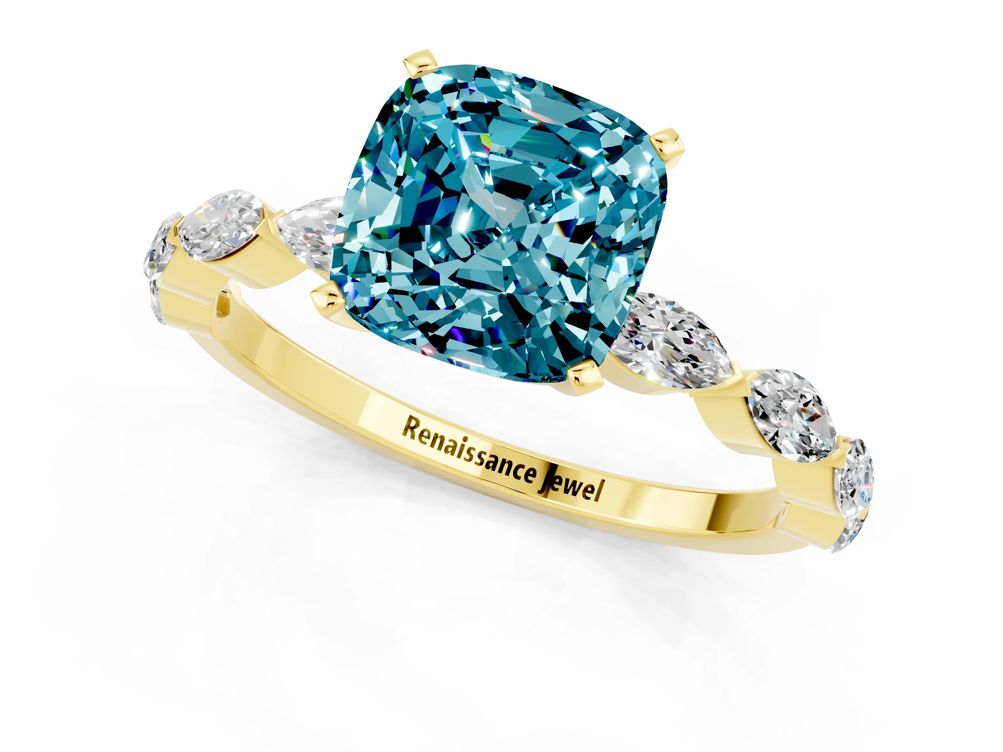 Yellow gold Cushion Cut Blue Topaz Ring with Marquise Side Stones and Prong Setting_1