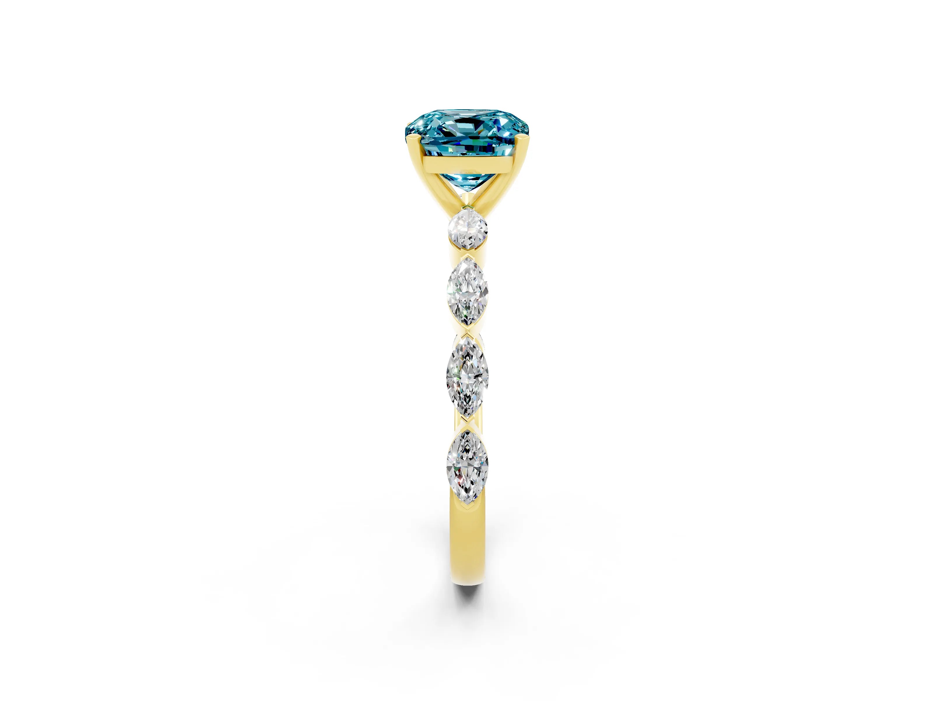 Yellow gold Cushion Cut Blue Topaz Ring with Marquise Side Stones and Prong Setting_2