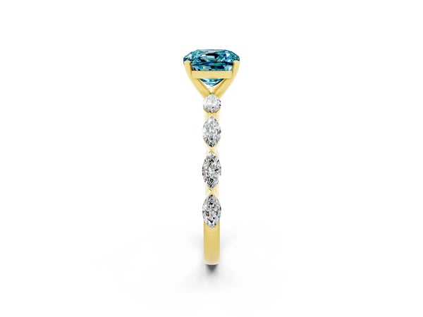 Yellow gold Cushion Cut Blue Topaz Ring with Marquise Side Stones and Prong Setting