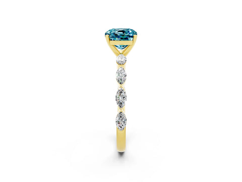 Yellow gold Cushion Cut Blue Topaz Ring with Marquise Side Stones and Prong Setting_2
