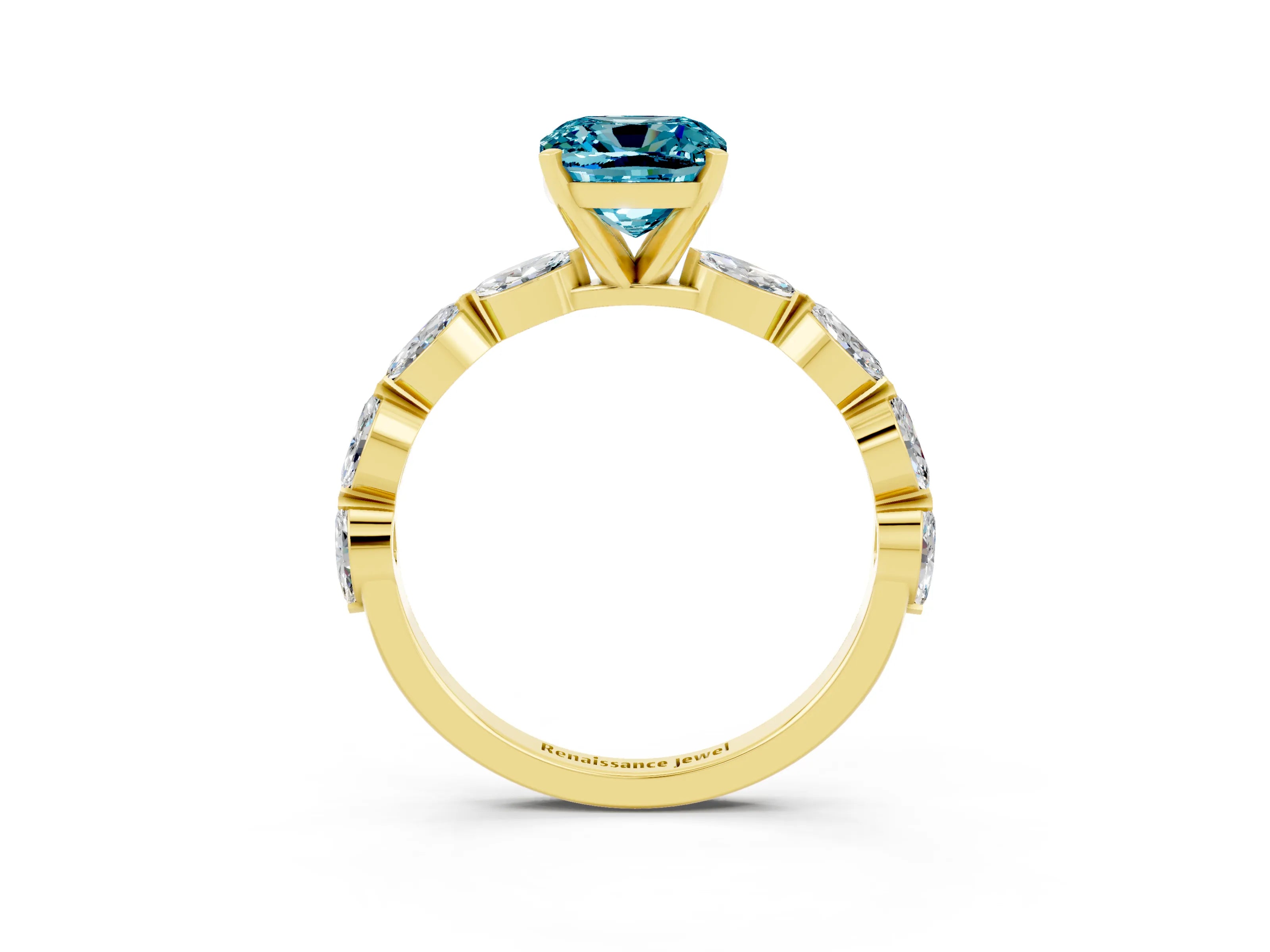 Yellow gold Cushion Cut Blue Topaz Ring with Marquise Side Stones and Prong Setting_3