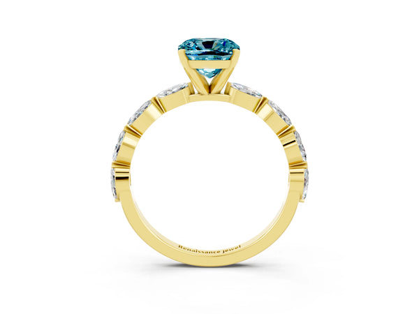 Yellow gold Cushion Cut Blue Topaz Ring with Marquise Side Stones and Prong Setting