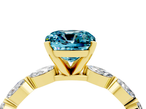 Yellow gold Cushion Cut Blue Topaz Ring with Marquise Side Stones and Prong Setting_4