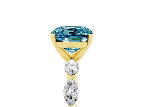 Yellow gold Cushion Cut Blue Topaz Ring with Marquise Side Stones and Prong Setting_5