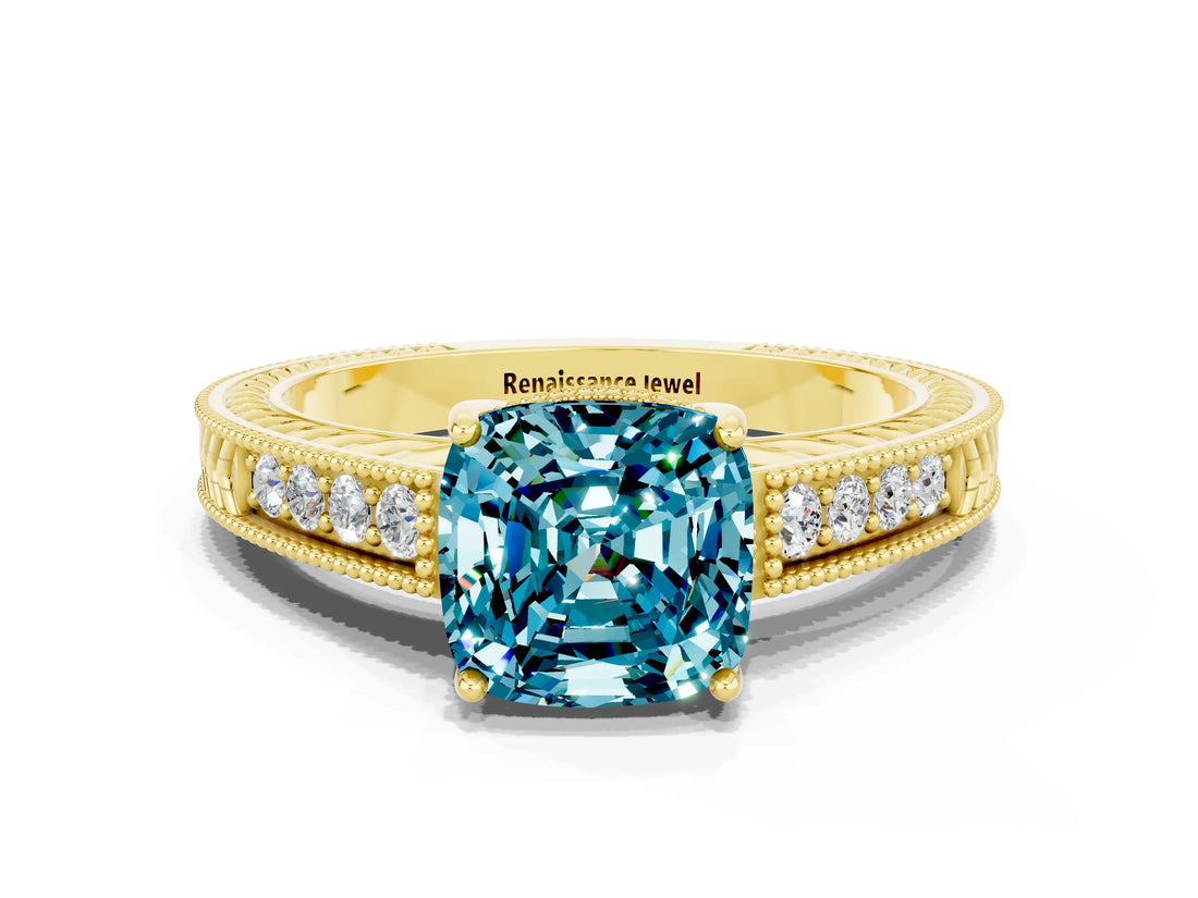 Yellow gold Cushion Cut Blue Topaz Ring with Milgrain Pavé Band and Four-Prong Setting_12