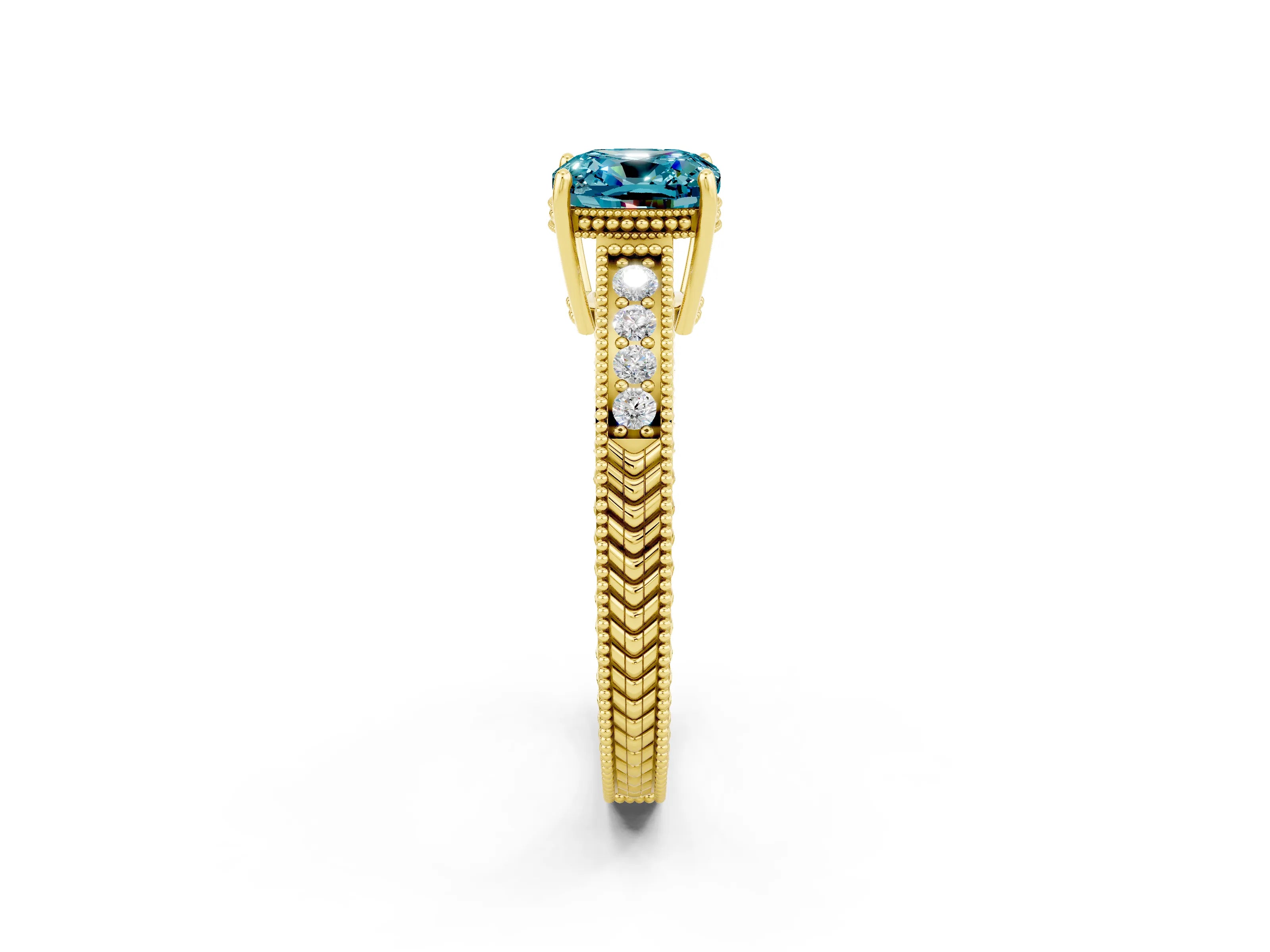 Yellow gold Cushion Cut Blue Topaz Ring with Milgrain Pavé Band and Four-Prong Setting_14